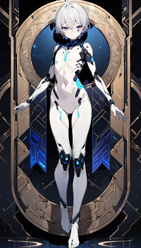 Full body image, 1 boy, shota, android, solo, (((naked))), fair skin, short hair, intricate android seams on skin, beautiful face, high quality, 4K