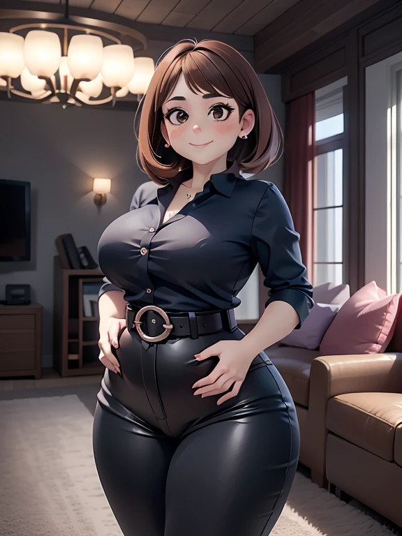 high quality, best quality, beautiful, perfect lighting, detailed face, mature face, ((1girl)), ((solo)), Imagine Ochaco Uraraka as an adult, 45 years old, MILF, plus sized milf, short brown hair, brown eyes, ((blush)), smile, looking at viewer, black leather pants, dark blue shirt, white belt, white heels, ((medium breasts)), wide hips, thick thighs, plump figure, love handles, muffin-top, round belly, protruding gut, living room, hands on hips,
