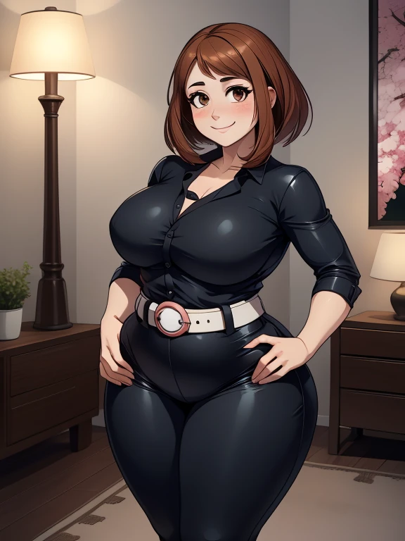 alta calidad, mejor calidad, Hermoso, Iluminación perfecta, cara detallada, cara madura, ((1 chica)), ((solo)), Imagine Ochaco Uraraka as an adult, 4, MILF, MILF de talla grande, pelo castaño y corto, Ojos cafés, ((rubor)), sonrisa, mirando al espectador, pantalones de cuero negro, camisa azul oscuro, Cinturón blanco, tacones blancos, ((pechos medianos)), Caderas anchas, Muslos gruesos, figura regordeta, manijas del amor, tapa de muffin, vientre redondo, tripa protuberante, sala de estar, manos en la cintura,
