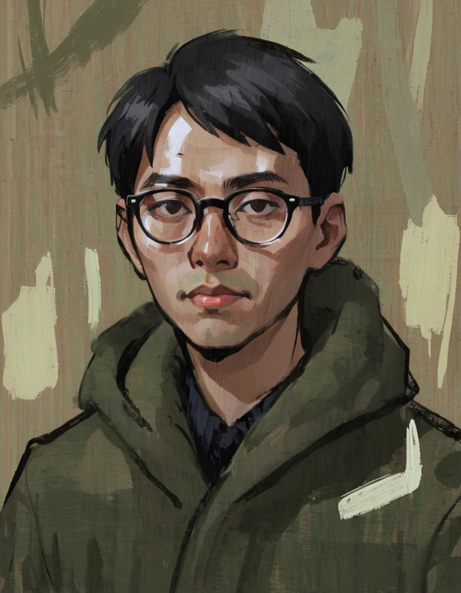 Camouflage, portrait, Masculinization, abstract，Man in coat, Black short hair, Asian，young people，wear glasses, Rough brushstrokes, Soothing Tones, Calming colors