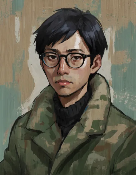 camouflage, portrait, masculinization, abstract，man in coat, black short hair, asian，young people，wear glasses, rough brushstrok...