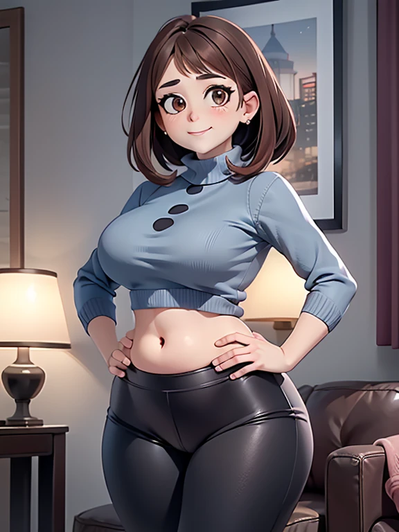 gute Qualität, beste Qualität, Schön, Perfekte Beleuchtung, Detailliertes Gesicht, reifes Gesicht, ((1 Mädchen)), ((Allein)), Stellen Sie sich Ochaco Uraraka als Milf vor, 4, kurze braune Haare, braune Augen, ((erröten)), lächeln, Betrachter betrachten, schwarze Leggings, Rollkragenpulli, ((mittlere Brüste), Breite Hüften, dicke Oberschenkel, mollige Figur, Fettpölsterchen, Muffin-Top, runder Bauch, hervorstehender Darm, Wohnzimmer, Hände auf den Hüften,
