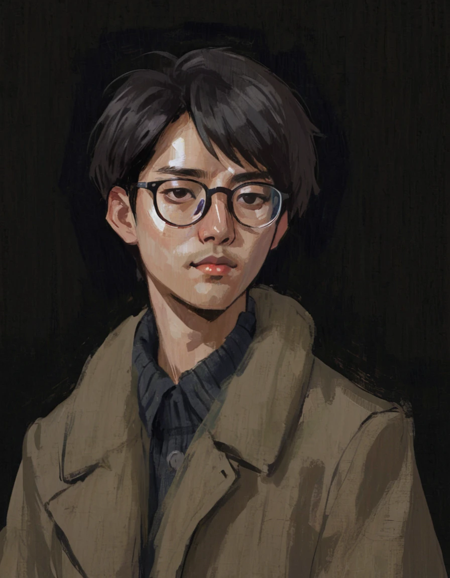 black background, portrait, Masculinization, abstract，Man in coat, Black short hair, Asian，young people，wear glasses, Rough brushstrokes, Soothing Tones, Calming colors