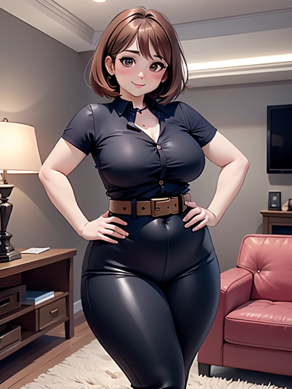 alta calidad, mejor calidad, Hermoso, Iluminación perfecta, cara detallada, cara madura, ((1 chica)), ((solo)), Imagine Ochaco Uraraka as an adult, 4, MILF, MILF de talla grande, pelo castaño y corto, Ojos cafés, ((rubor)), sonrisa, mirando al espectador, pantalones de cuero negro, camisa azul oscuro, Cinturón blanco, tacones blancos, ((pechos medianos)), Caderas anchas, Muslos gruesos, REGORDETE, manijas del amor, tapa de muffin, vientre redondo, tripa protuberante, sala de estar, manos en la cintura,
