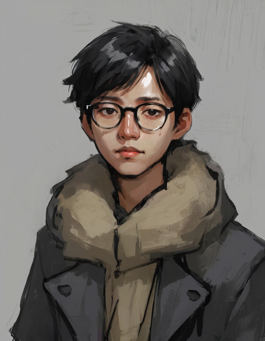 Gray background, portrait, Masculinization, abstract，Man in coat, Black short hair, Asian，young people，wear glasses, Rough brushstrokes, Soothing Tones, Calming colors