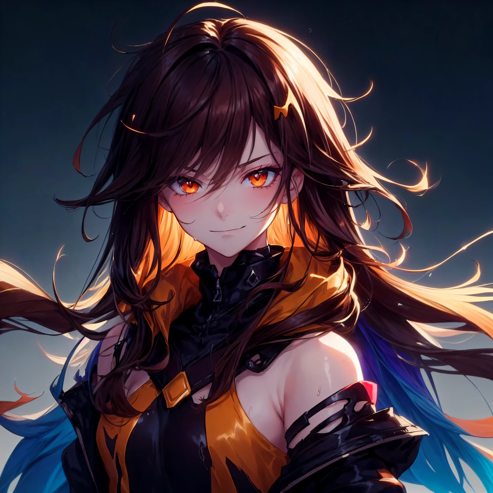 masterpiece, best quality, (detailed anime, beautiful face, detailed face, video game art, extremely detailed CG unity 8k wallpaper), (best quality), (best illustration), (best shadow), absurdres, realistic lighting, (Abyss), beautiful detailed glow, (anime, solo, honkai impact 3rd, 1girl, portrait:1.02),orange eyes, (long hair, messy hair, gradient hair, dark brown hair, brunette:1.35), (arrogance, cocky smirk, detailed expression, smirk, evil, villain, evil expression:1.11), (gradient hair, coloured inner hair, asymmetrical clothes:1.4), shaft head tilt, from the side, (villain pose:1.2), (modern clothes, tank top, jacket:1.004), cape, torn clothes, wet hair, rain, thunder storm, simple background