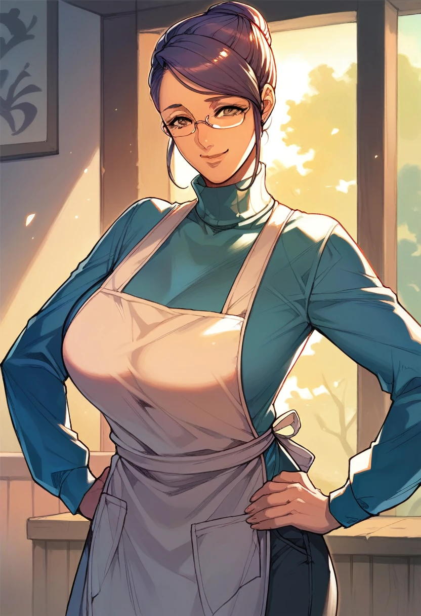 (((Masterpiece))), best quality, cowboy shot, perfect anatomy, realistic face, outdoors, sunny, warm sunlight, backlighting, dramatic lighting, painterly 1girl, hair bun, glasses, turtleneck, solo, apron, three quarter view, hands on own hips, light smile, large breasts, ((milf, mature female)), glasses, smile, side locks, swept bangs, semi-rimless eyewear, thick