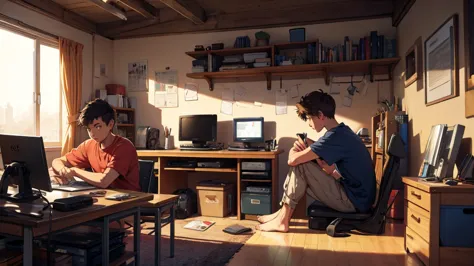 boy sitting, studying at a desk, messy room, with tv, videogame