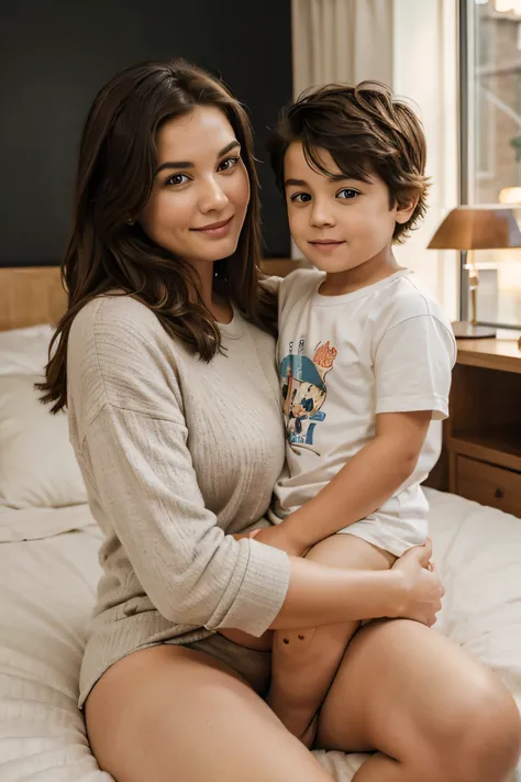 A little boy sitting on his mother's lap in a cozy bedroom, without pants. mother and son, 1boy, jackpot please, big thighs, fat, bright morning 