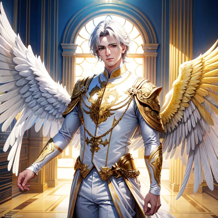 (work of art, best qualityer, ultra HD, 8k, wall-paper), Cinematic sensation, perfects eyes, detailedeyes, a man with white wings showing his entire body, wide and elegant white costume with strategic yellow details, displaying the powerful yellow tones in both of the character&#39;s eyes,, renderize a arte em uma impressionante resolução de 8k para mostrar todos os detalhes complexos, bringing the character and scene to life, set the stage under a clear, star-studded night sky, with the full moon casting its ethereal glow over the environment, capture the cinematic essence.