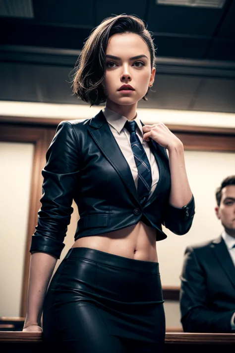 (sexy),female lawyer, daisy ridley, wearing sexy lawyer suit, midriff, court, speech, debate, detailed background, realistic, mo...