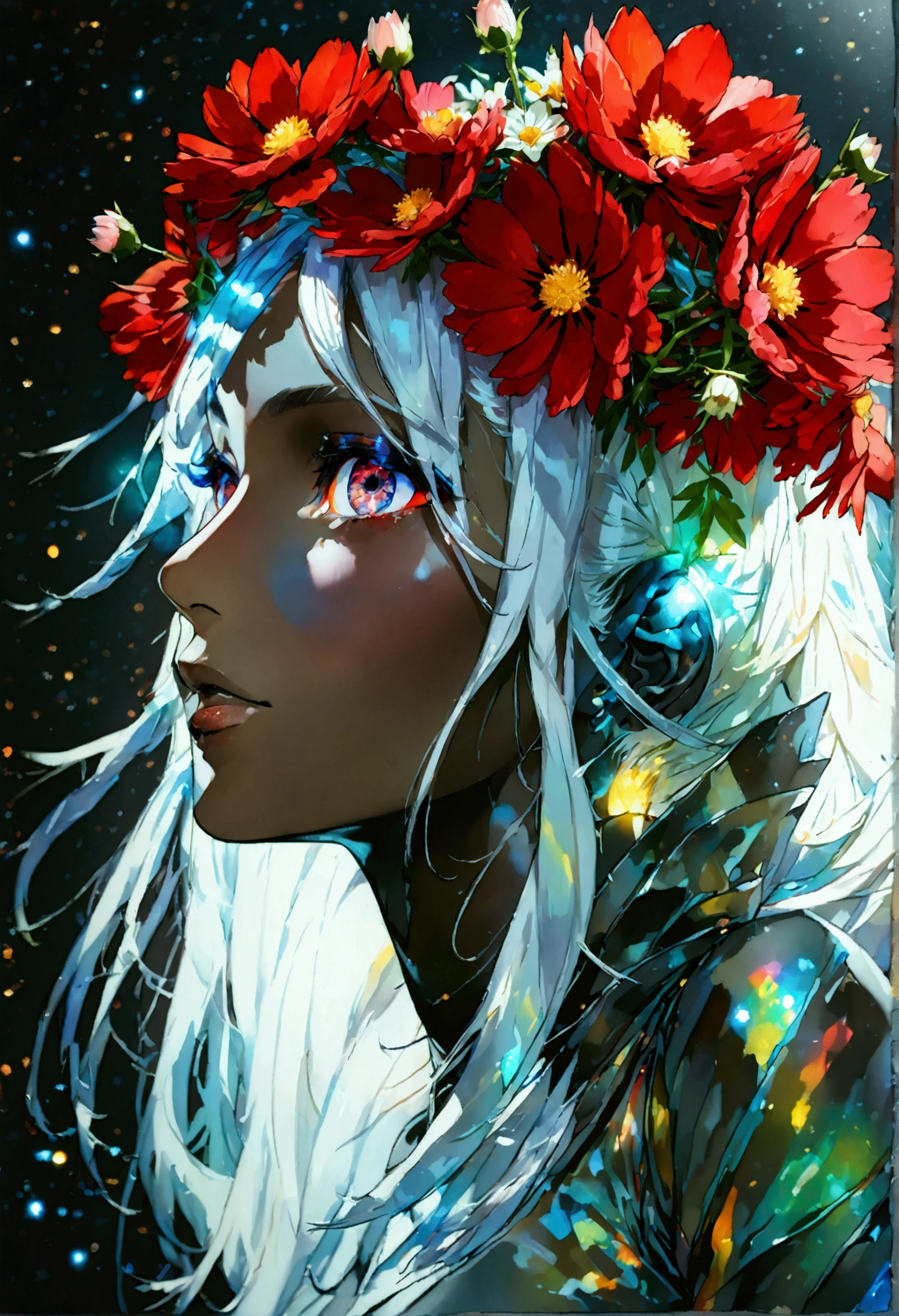 portrait, single face portrait, macro, a portrait of hinata in battle, beautiful white skin with shines and Brilliantine, long long hair with red flowers in her hair, bright and clarifying eyes, cosmos eyes, next to a cat, highly detailed fur (vectorized) light yellow eyes, detailed skin, The image is convincing with dynamic composition and energetic pose.. Includes many fantasy details such as bumps., ghostly iridescence, Brilliantine, Galaxy, cosmos, ((dark blue skin body, empty cosmic body)), (((dark background))), (((lights off))), (((dark hollywood))), horror, dramatic shadows, (in a dark fantasy space:1.3, Brilliantine, shine, flash) Vector digital illustration, (Black background:1.5)sharp