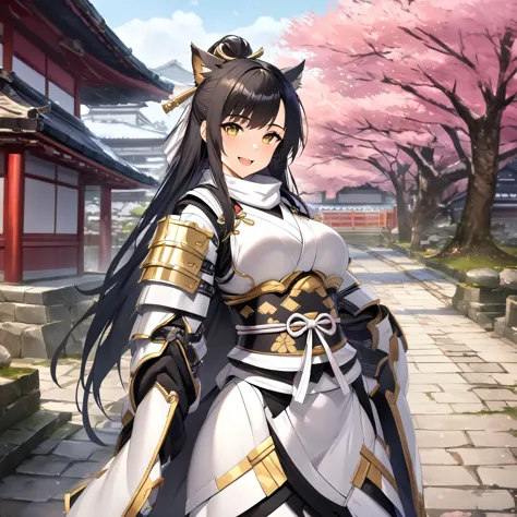 A woman wearing white heavy samurai armor with gold details,standing posture, black hair, long hair, yellow eyes, happy face, smiles, on an ancient Japanese road, Japanese palace in the background with sakura trees around, HDR, ultra resolution, very detailed, masterpiece, ultra quality, 4K HD. (solo, just one woman), dog ear, white bow in hair.