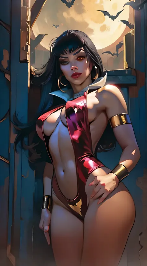 vampirella sexually vestindo um maiô vermelho profundo, ((full moon and bats background)) , oily shiny skin, eyes red, hot and f...