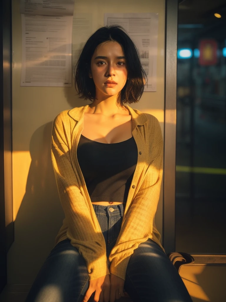 (Dynamic medium shot:1.2), (Best quality:1.5), (neon sign light:1.3), (drizzling:1.3), 23y, 1girl, indonesian, (tight breast:1.3), yellow long sleeve shirt and jeans, sneakers, (cute face:1.2), wavy short hair, dramatic posing in front of a closed shop, outdoor, newspaper, film looks, cinematic lighting, shadow, sunlight, aesthetic, ultra highres, sharp focus, highly detailed, detailed face and eyes, film bokeh, surreal view, shot by eos c with 35mm lens, movie angle, Portrait by annie leibovitz, midjourney v6