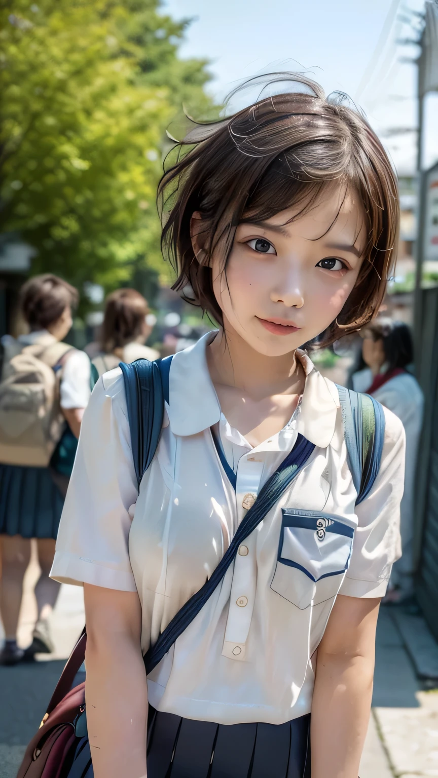 (Junior high school girls walking on the streets of Tokyo:1.2、blue sky)、((school uniform、White blouse、Pleated skirt、Navy blue socks、loafers)、(Sports Bags、The strap of the bag passes between the chest、paisla:1.5)、the wind is strong、(Realistic、Like a photograph、Live Action、8k, Realistic, RAW Photos, Best image quality: 1.4), Single-lens reflex camera、RAW Photos, Highest quality, Realistic, Highly detailed CG Unity 8k wallpaper, Written boundary depth, Cinematic Light, Lens flare, Ray Tracing, Realistic background、((Ultra-Dense Skin))、 A 14-year-old girl on her way to school,cute Japanese、(whole body:1.5)、Very detailedな顔，avert your eyes:1.1、(short hair:1.2、Shortcuty hair is blowing in the wind:1.4)、I like that style、stylish、Very detailed、Pay attention to the details、Perfect outfit、(Sunburned skin)、View from above、Accurate hands、Accurate legs、Detailed hands and fingers、Anatomically correct body、Thin legs、Thin thighs、Small breasts