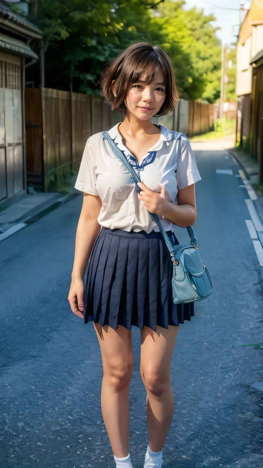 (Des lycéennes marchant dans les rues de Tokyo:1.2、ciel bleu)、((uniforme scolaire、blouse blanche、jupe plissée、Chaussettes bleu marine、flâneurs)、(sac d&#39;épaule、La sangle du sac passe entre la poitrine、Paisla:1.5)、le vent est fort、(Réaliste、comme une photo、action en direct、8k, Réaliste, Photos brutes, Meilleure qualité d&#39;image: 1.4), Appareil photo reflex mono-objectif、Photos brutes, la plus haute qualité, Réaliste, Fond d&#39;écran CG Unity 8K très détaillé, Profondeur de la limite écrite, lumière cinématographique, reflet, Tracé laser, Réaliste background、((Peau ultra-dense))、 Une fille en route pour l'école,Japonais mignon、(tout le corps:1.5)、très détailléな顔，détourne les yeux:1.1、(Cheveux courts:1.2、Les cheveux courts soufflent dans le vent:1.4)、J&#39;aime ce style、élégant、très détaillé、Faites attention aux détails、Tenue parfaite、(peau brûlée par le soleil)、vue d&#39;en-haut、des mains précises、jambes précises、Mains et doigts détaillés、corps anatomiquement correct、jambes fines、Cuisses fines、Petits seins