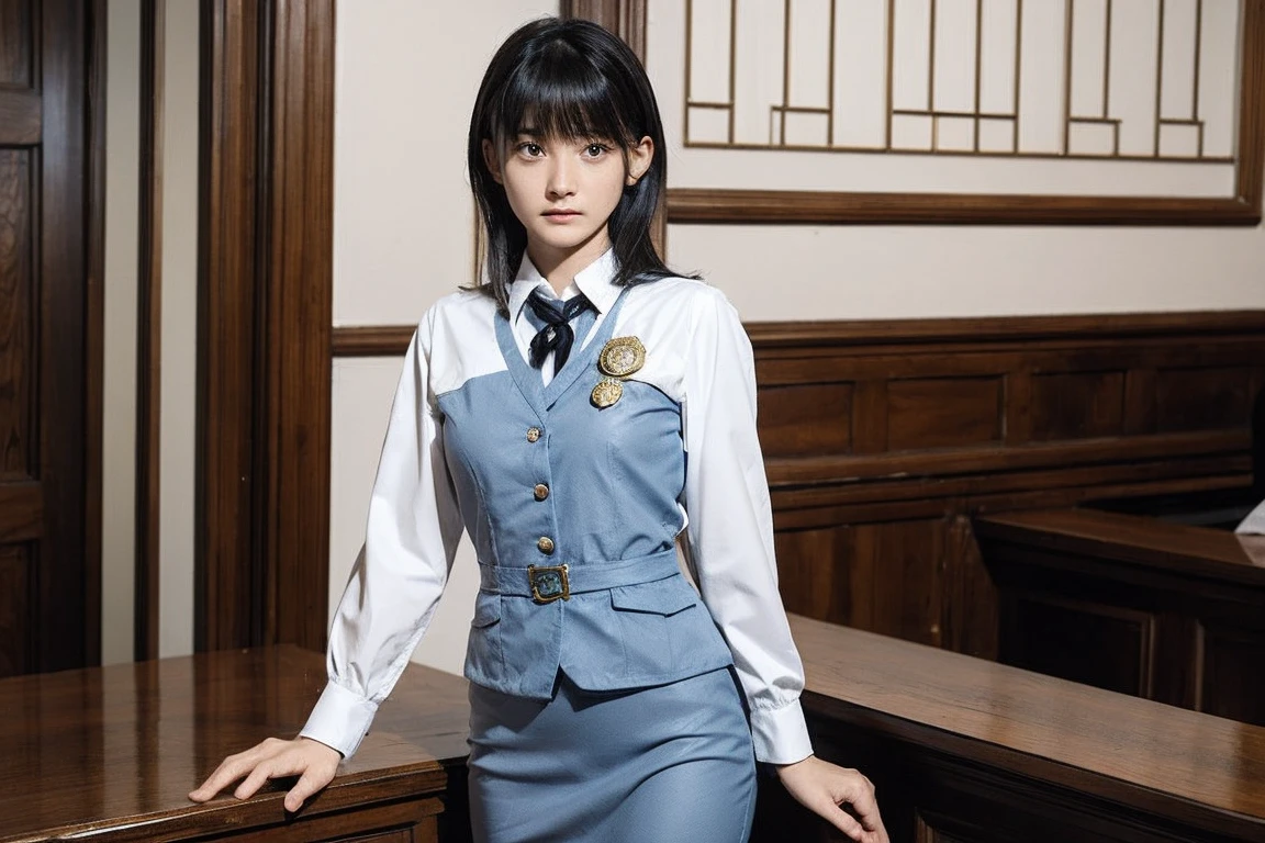 girl, alone, bangs, lawyer, Tribunals of the Court, Marble floor, Wooden furniture, Justice Badge, Courtroom Argument, Standing, Holding files in your hands, Serious expression