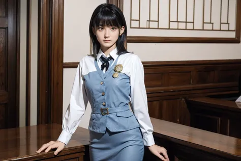 girl, alone, bangs, lawyer, Tribunals of the Court, Marble floor, Wooden furniture, Justice Badge, Courtroom Argument, Standing,...