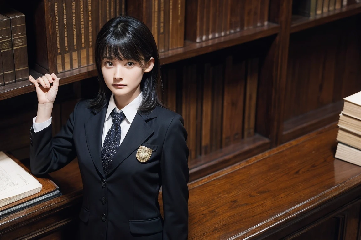 girl, alone, bangs, lawyer, Tribunals of the Court, Marble floor, Wooden furniture, Justice Badge, Courtroom Argument, Standing, Holding files in your hands, Serious expression