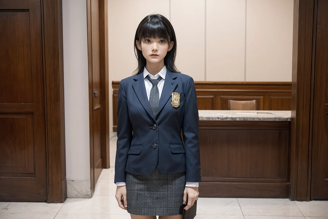 girl, alone, bangs, lawyer, Tribunals of the Court, Marble floor, Wooden furniture, Justice Badge, Courtroom Argument, Standing, Holding files in your hands, Serious expression