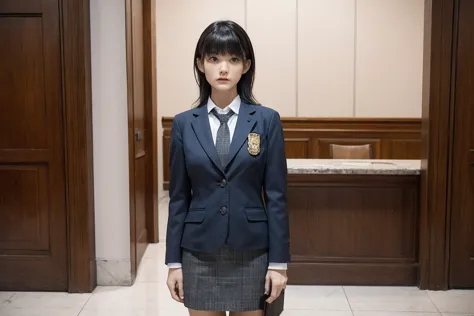 girl, alone, bangs, lawyer, Tribunals of the Court, Marble floor, Wooden furniture, Justice Badge, Courtroom Argument, Standing,...