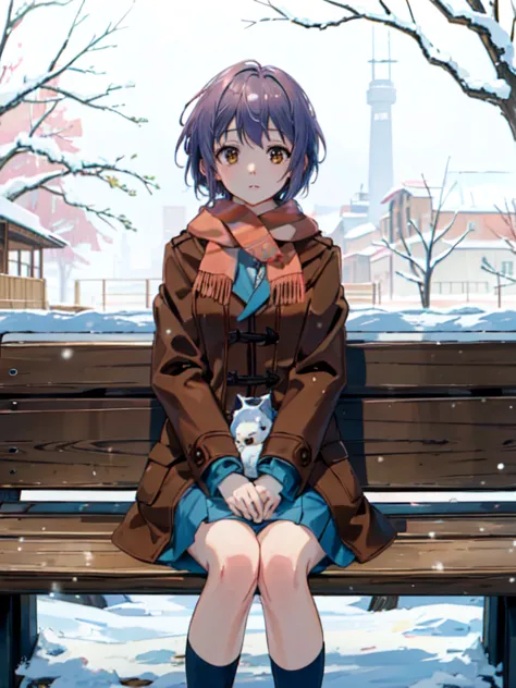 (masterpiece),(best quality), yuki, brown coat,  scarf, kneehighs, blank eyes, inexpressive face, park, waiting, bench, snow, sn...