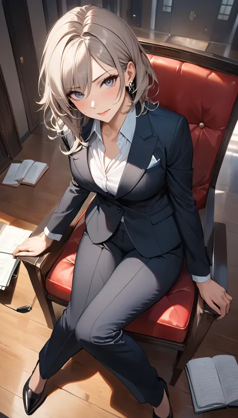 beautiful mature woman sitting with legs spread, wearing a sophisticated and strict suit pants, piercing gaze, strong-willed, sense of justice and responsibility, extremely tired body, relieved sigh, sense of exhaustion, joy of victory, sense of achievement, confidence and pride, predatory gaze, inviting the viewer, "I'm waiting for your request", dominance of the female lawyer, high-quality, shot from above