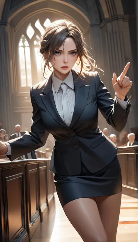a mature woman in a formal suit skirt, standing confidently with a steely gaze, defending her client against false accusations, beautiful piercing eyes, strong-willed and determined, exuding a sense of justice and responsibility, exhausted but unwavering, directing a forceful accusatory finger at the defendant, proclaiming their innocence, the victorious female lawyer in a high-stakes legal battle, shot from a low angle, (best quality,4k,8k,highres,masterpiece:1.2),ultra-detailed,(realistic,photorealistic,photo-realistic:1.37),professional,vivid colors,dramatic lighting