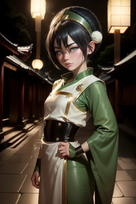 Ultra detailed ,beautiful ,Toph beifong , 10 year old  girl ,japonese  girl ,1girl , flat chest , green chinese dress ,coxas  se...