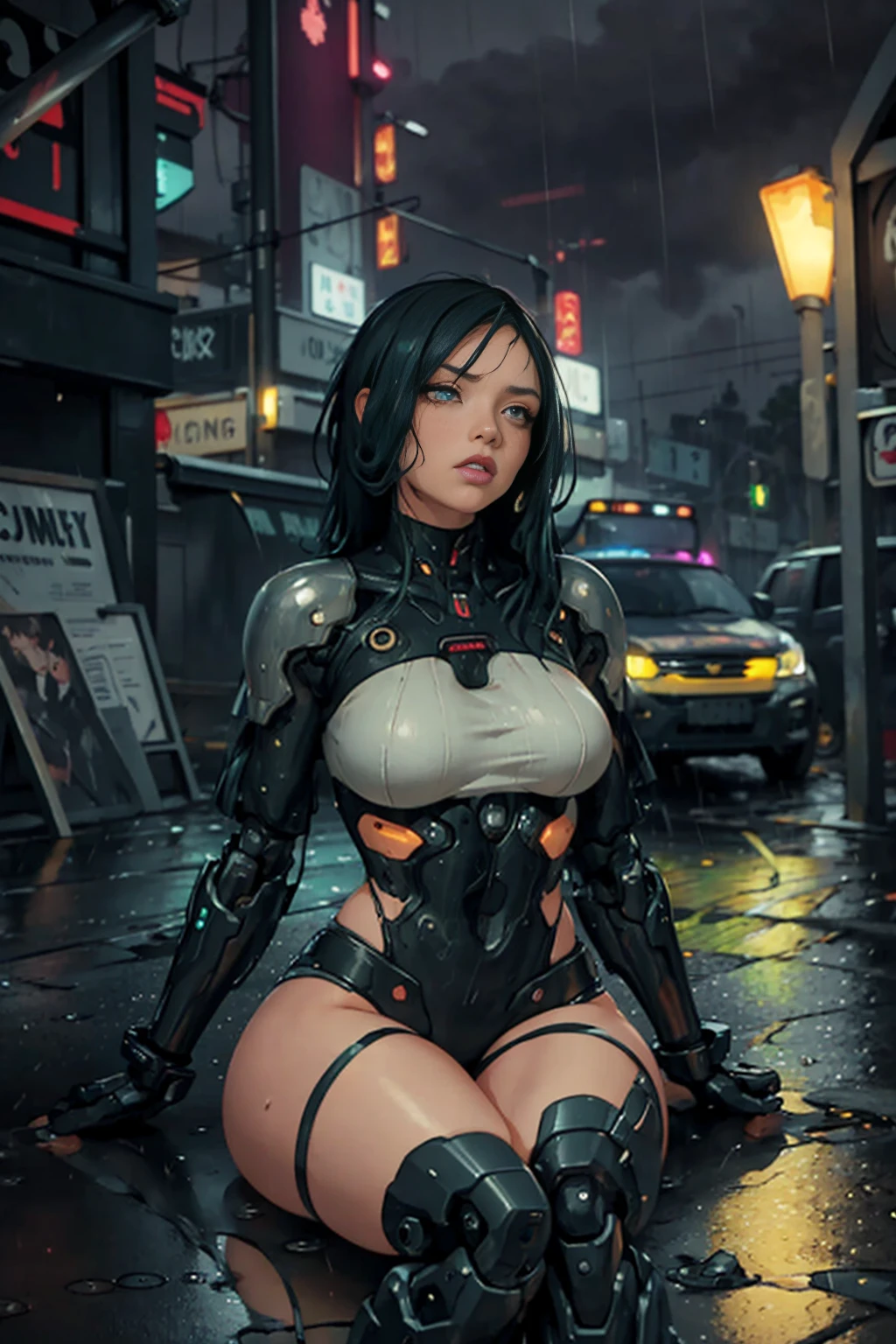 Beautiful woman, green eyes, black hair, sitting on the street, under the rain, expression of fear, night city background, woman with cybernetic body, mechanical legs, Cables, naural sinuses, real breasts, mojandose under the rain, contaminated city, expression of sadness, mojada under the rain, desolate scene ((woman exposed to the rain)) wet hair, mechanical body parts, half naked, the rain falling on his head, dark street background, mechanical arms, sexy breasts