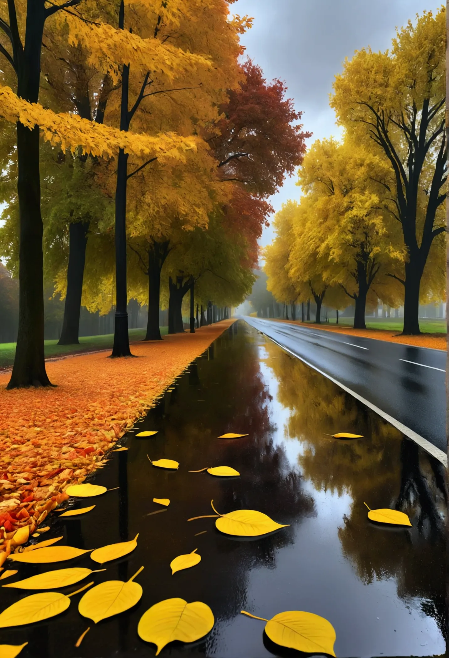 a beautiful autumn landscape, a rainy day with many yellow leaves on the road, puddles reflecting the scenery, (best quality,4k,...