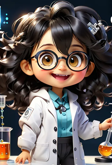 (((chibi baby uhd)))chemistry  mascot and , atoms, molecules ,has black hair , blind box style and model with popular market sty...