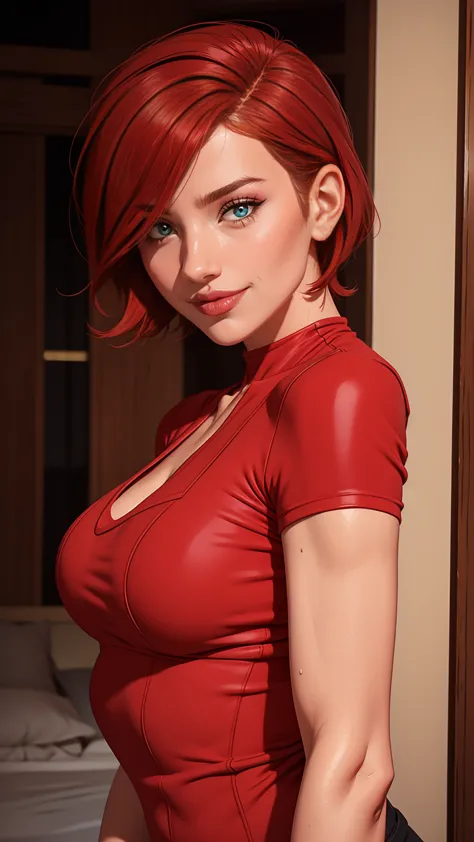 1woman, short red hair , eyes , sly face , pretentious smile , No sprain ,Tight breasts l&#39;one against one&#39;lain , ventre,...