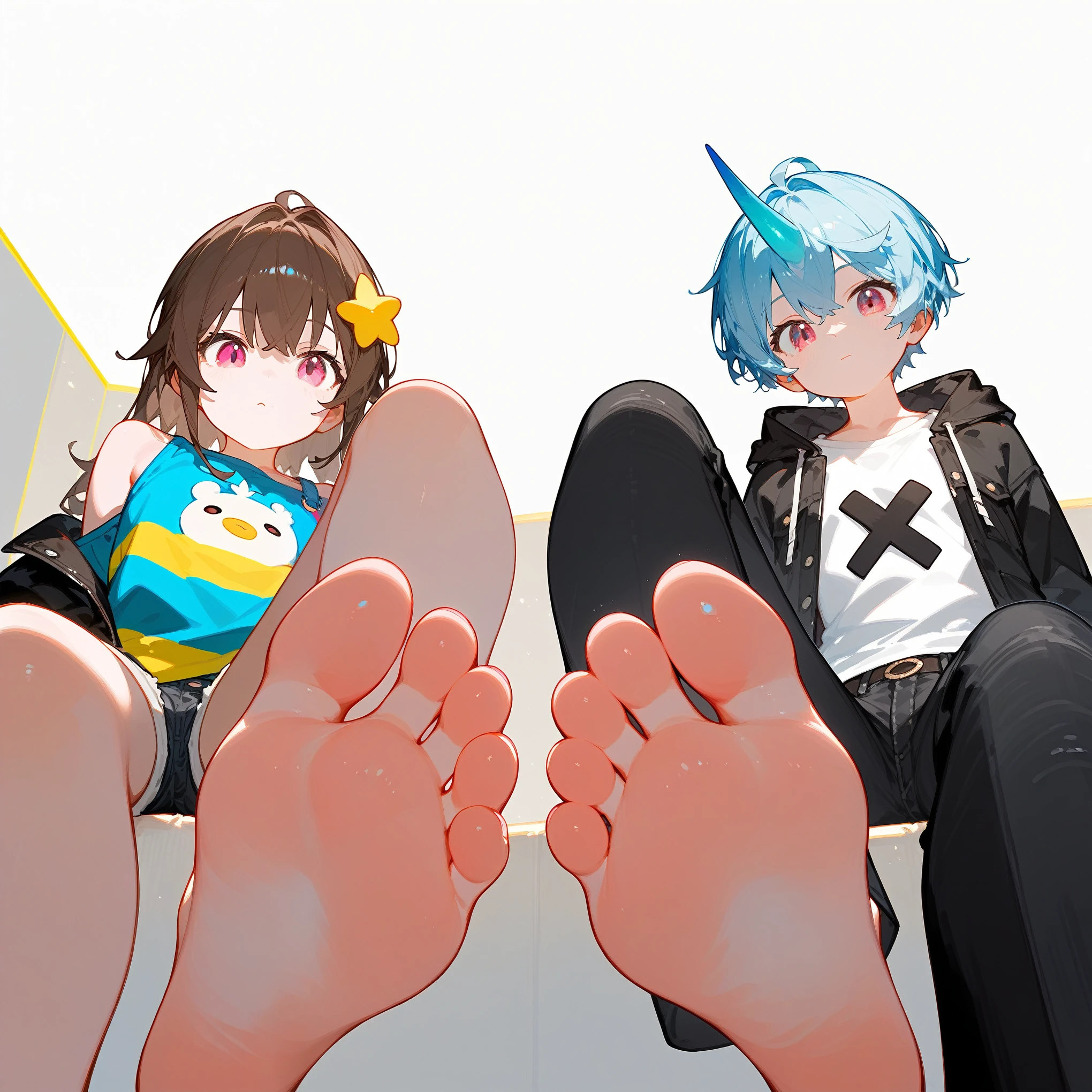 wallpaper,A woman and a cute boy sitting showing their feet low angle，suns，barefoot， （The woman has long brown hair，Pink off-the-shoulder T-shirt，Denim shorts，Pink Eyes。）（The boy has short light blue hair，There is a horn on the head，Black eyes，White T-shirt，Black jacket and black trousers。）best quality, Very detailed, masterpiece, Extremely detailed, illustration,Foot Focus，suns出汗，Good feet，Nice looking feet，