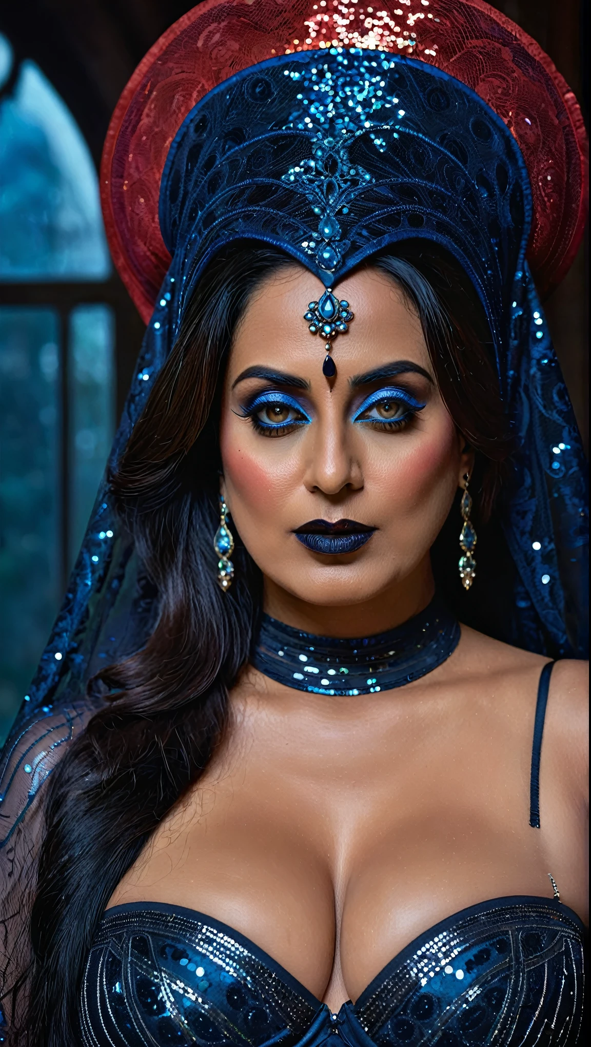 On dirait Mahie Gill, Full body Closeup shot, Grande tante potelée, milF, cougar dame sorcière, Fierce eyes, méchante séductrice, corps large, horny Gothic milF,  Magnifique dame mature de 70 ans, démone perverse, demoness oF lust, courbée, lèvres noires, horny Face, extrêmement magnifique, thick Figure, heavy physique, voluptueux, courbée, sexy Figure, Fashionable portrait oF androgynous alien looking witch wearing veil, yeux brillants, Futuristic design, détails minimes, Givenchy, photoréaliste, 200mm, HD, F/ 2.0, très détaillé, surréaliste, sexy beautiFul evil woman, Saree sexy à paillettes audacieuses avec soutien-gorge sans bretelles, sexe, Vampire, genre d&#39;horreur, enchanteresse assoiffée de sang, powerFul Female spirit, sinistre, raide mort, in the style oF red and blue, (détails complexes, hyperdétaillé:1.15) (Texture de la peau:1.2), ton sombre de mauvaise humeur, Éclairage cinématographique, lieu hanté en arrière-plan, 