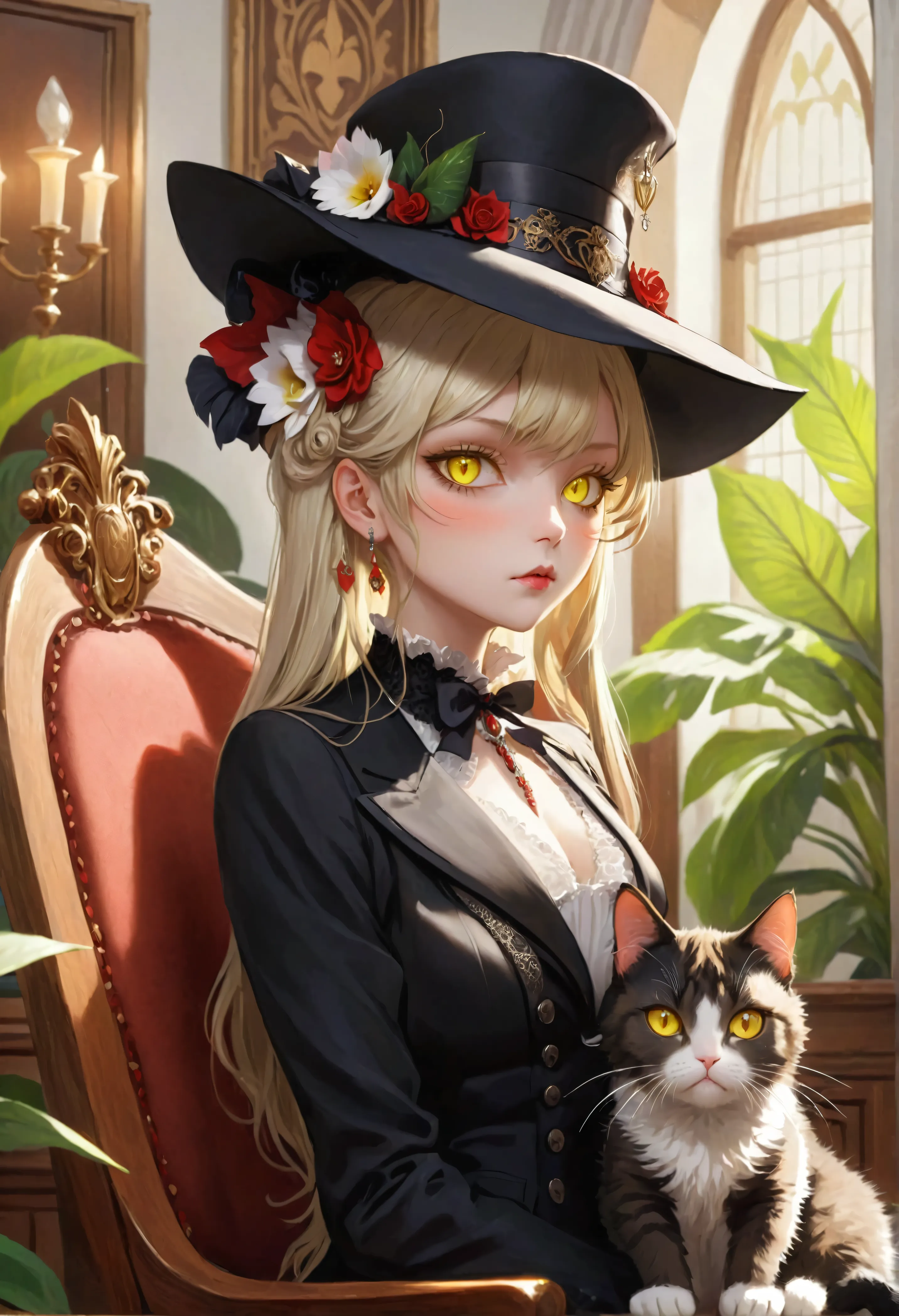 (stunning extravagant) vampire lawyer (sitting in court), (holding calico cat), (strict lawyer attire with rich embellishments:1...