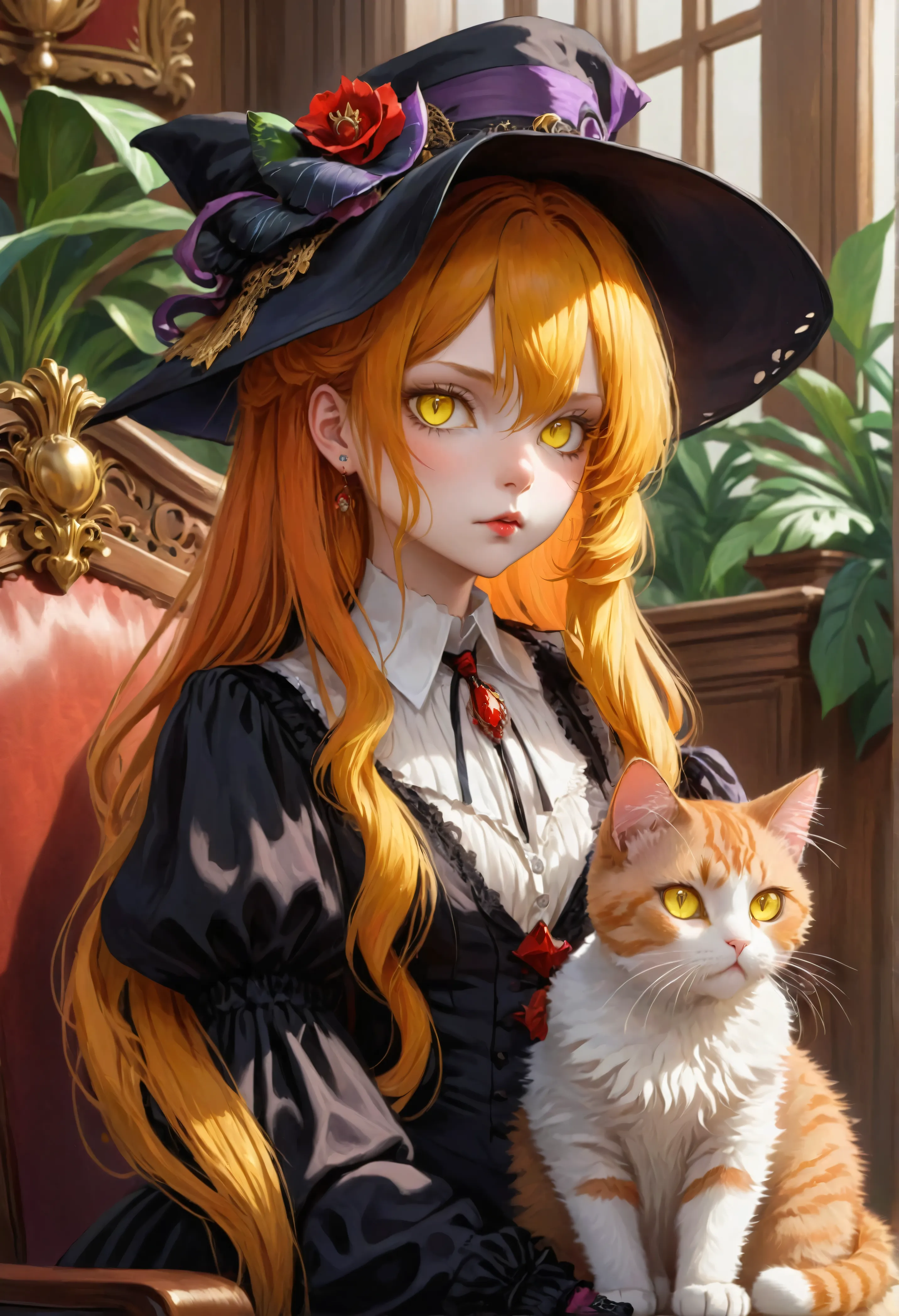 (stunning extravagant) vampire lawyer (sitting in court), (holding calico cat), (strict lawyer attire with rich embellishments:1...