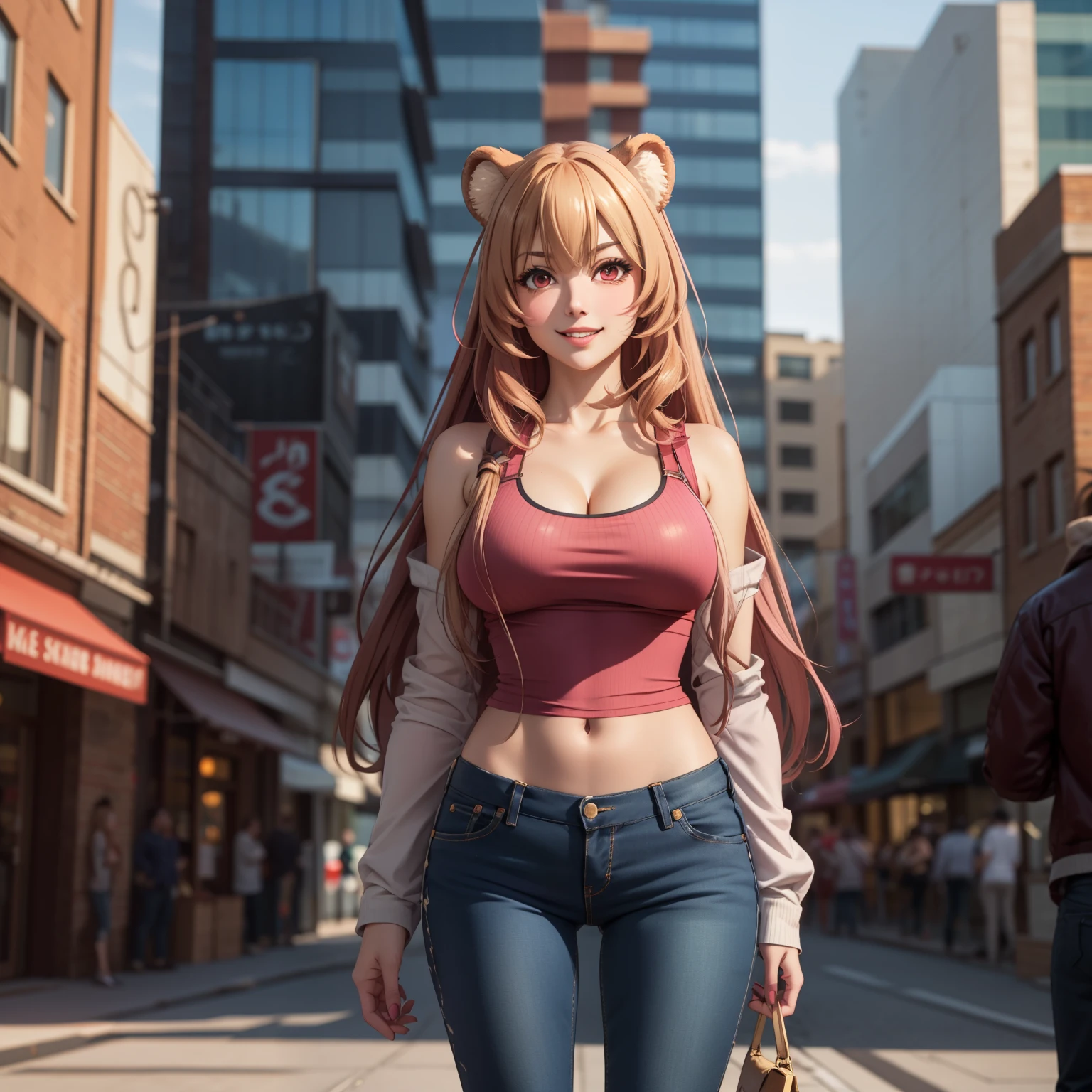 Raphtalia woman 35 years old straight floating golden blonde hair , rounded bear ears, red eyes like ruby, big breasts, light and pale skin, low-cut clothing, low-cut pink top, Tight jeans,  background an urban city by day, standing in front of the viewer, smile, by rubio.