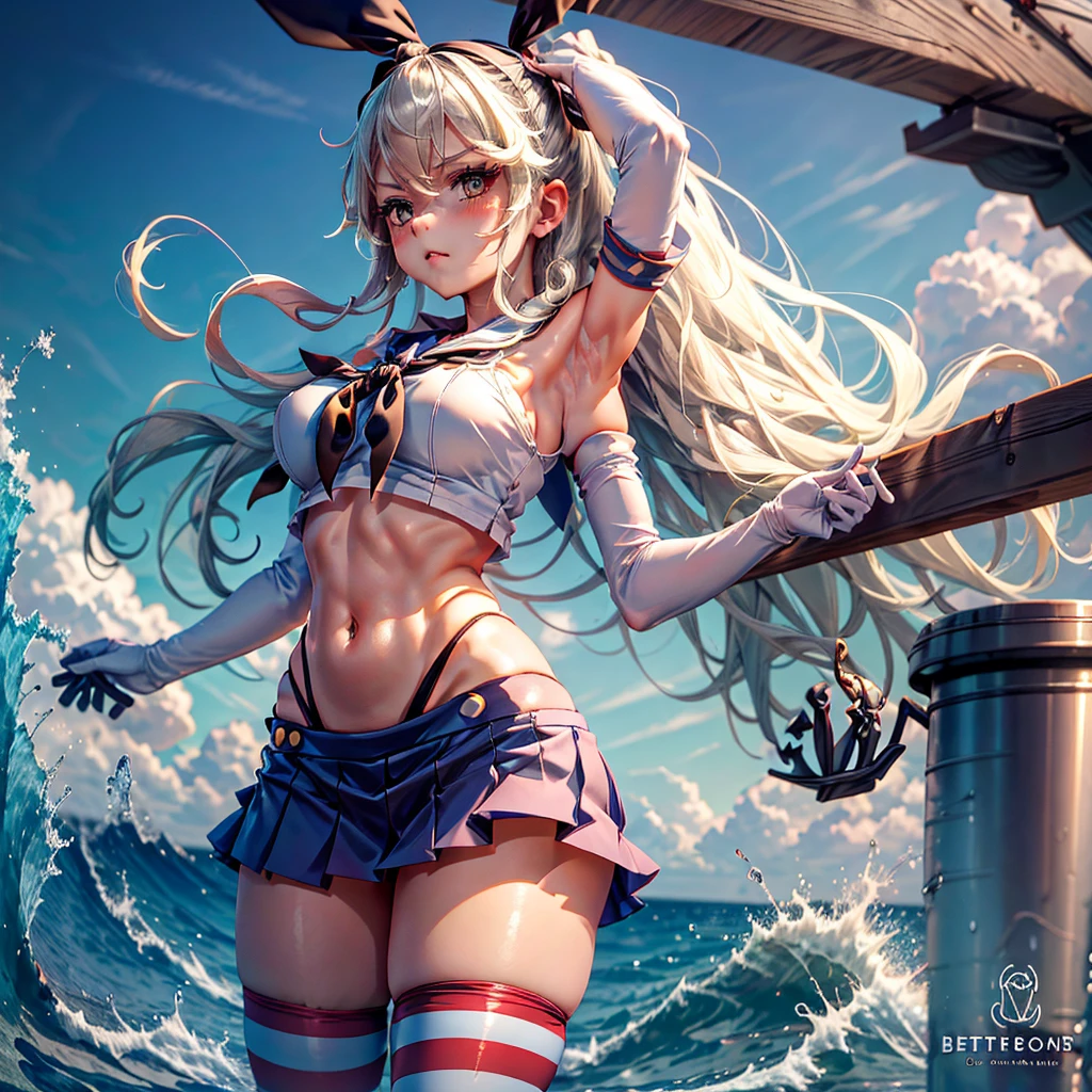 Rensouhou-chan, Shimakaze (cancolle), 1 girl, Alone, by the wide, old, looking at the viewer, blush, Skirt, by rubio, large old, simple background, hair ornament, thighs, gloves, White background, belly button, hair between the eyes, Closed mouth, underwear, , clavicle, yellow eyes, pleated Skirt, hair band, serafín, sleeveless, elbow gloves, striped, white gloves, miniSkirt, sailor collar, blue Skirt, crop top, Wet, handkerchief, BOOB LATERAL, skin denture, high leg, black hair band, blue sailor collar, striped thighs, alternative breast size, microSkirt, black handkerchief, anchor hair ornament