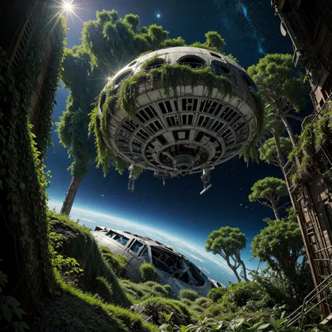 space ship crashed on planet, covered by climbing alien plants