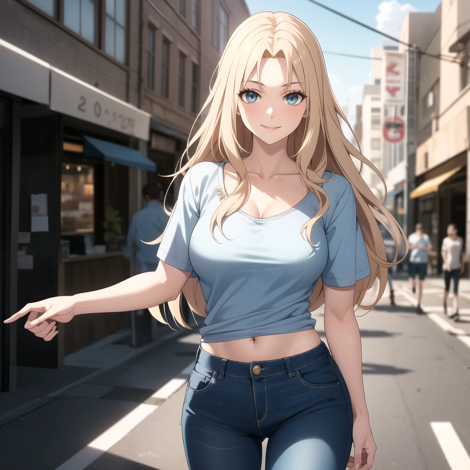 Row. 20 year old woman, long blonde hair, light blue eyes, happy smile, clear skin, medium breasts, detailed skin,  clear skin y pálida, low-cut clothing, low cut blue top, Tight jeans, background an urban city by day,