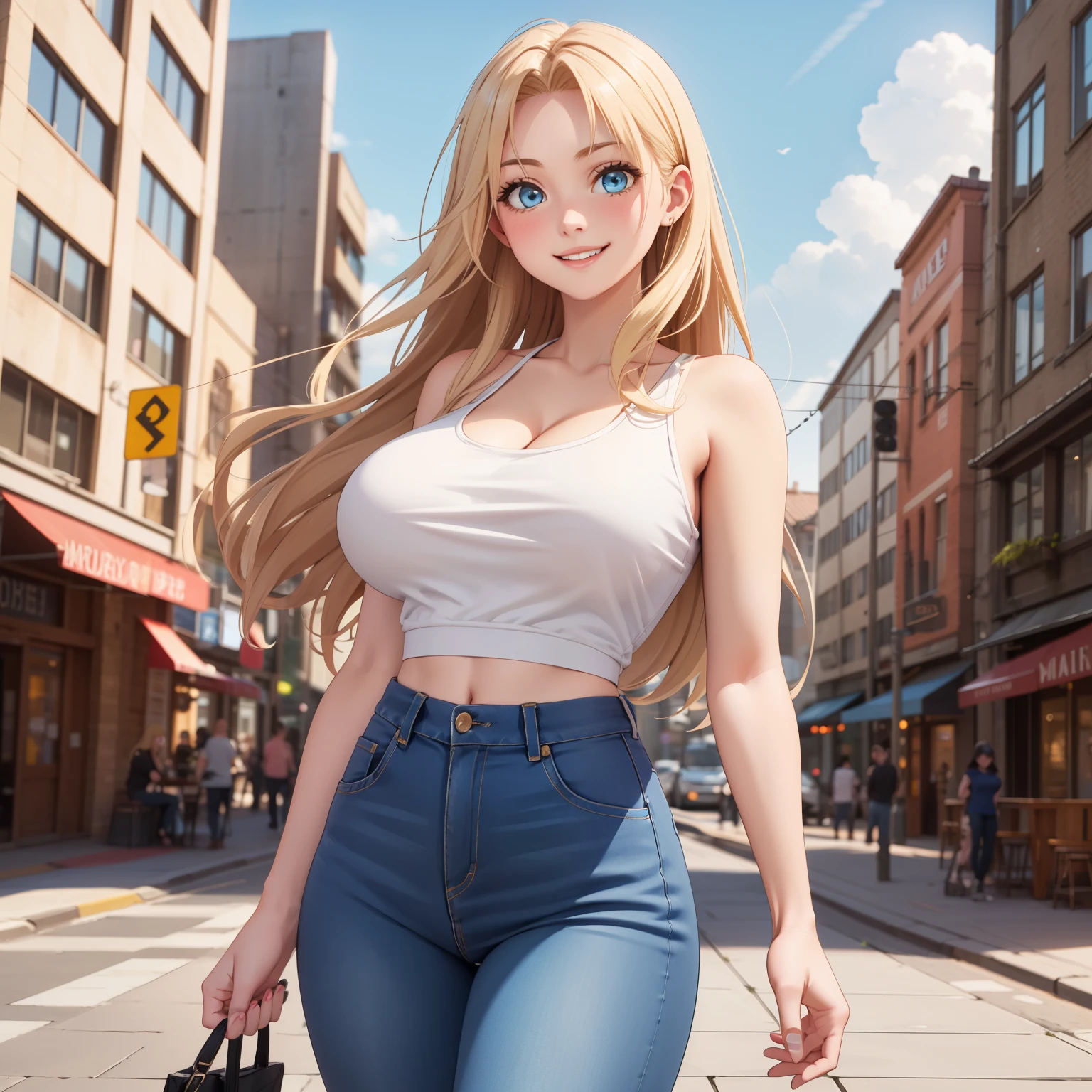 Row, 25 year old young woman. blonde hair with highlights, blue eyes like the sky. happy smile, big breasts, blue and white top, skinny jeans,  background an urban city by day.