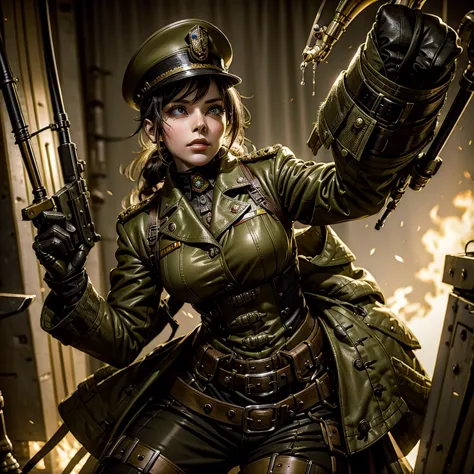 a woman in a steampunk military uniform is ready to fight in a battlefield, surrounded by threatening surreal figures.