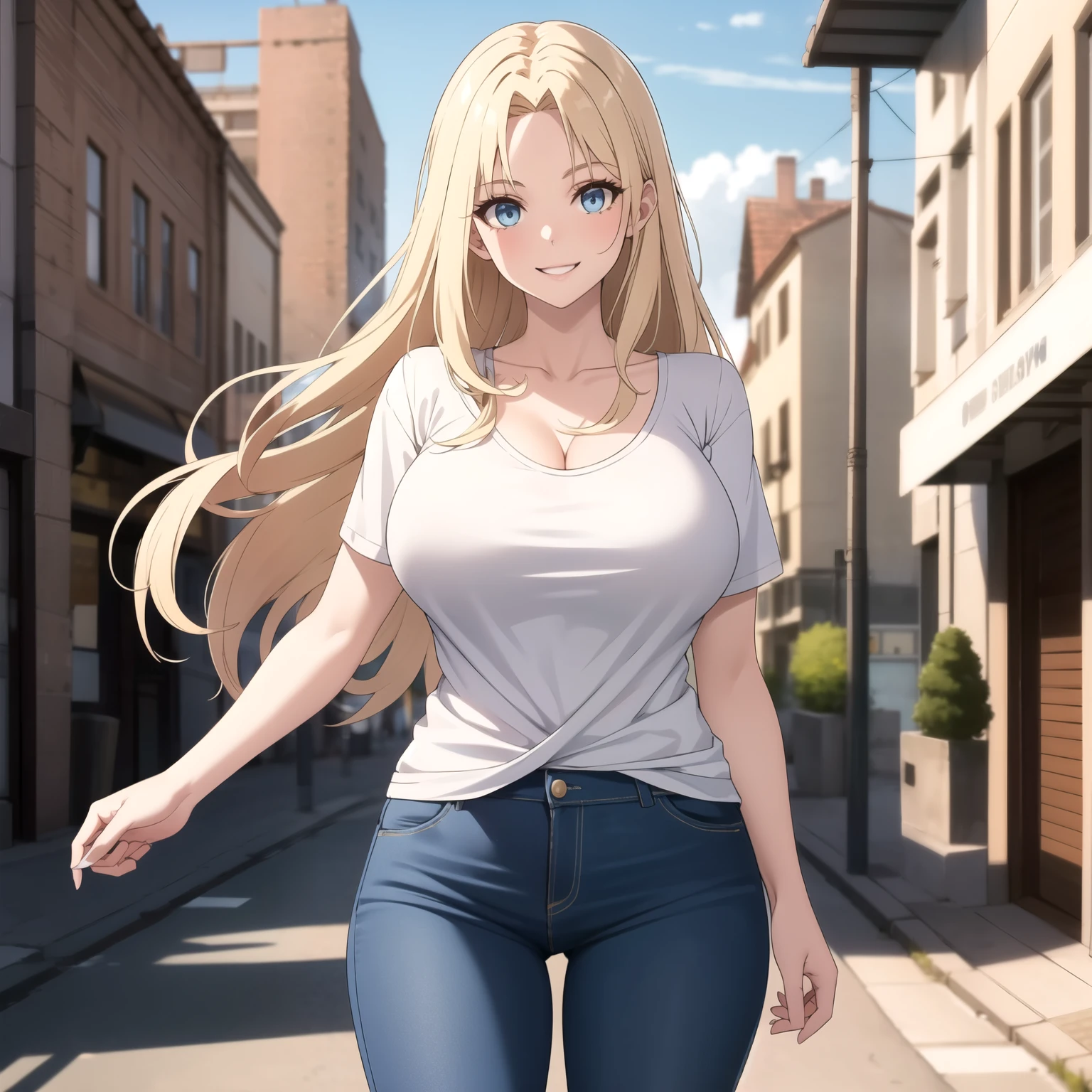 Row, 25 year old young woman. blonde hair with highlights, blue eyes like the sky. happy smile, big breasts, blue and white top, skinny jeans,  background an urban city by day.