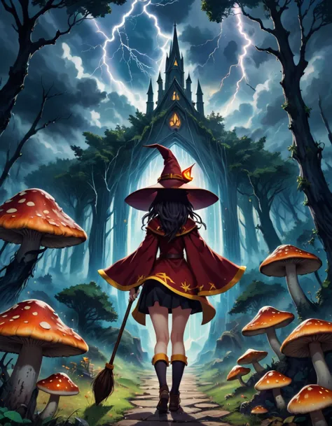 Strategy game style 1girl megumin, Witch Hat, cape, staff, From the back, Back to , 
Mushroom Forest Art Deco Cathedral Outside,...