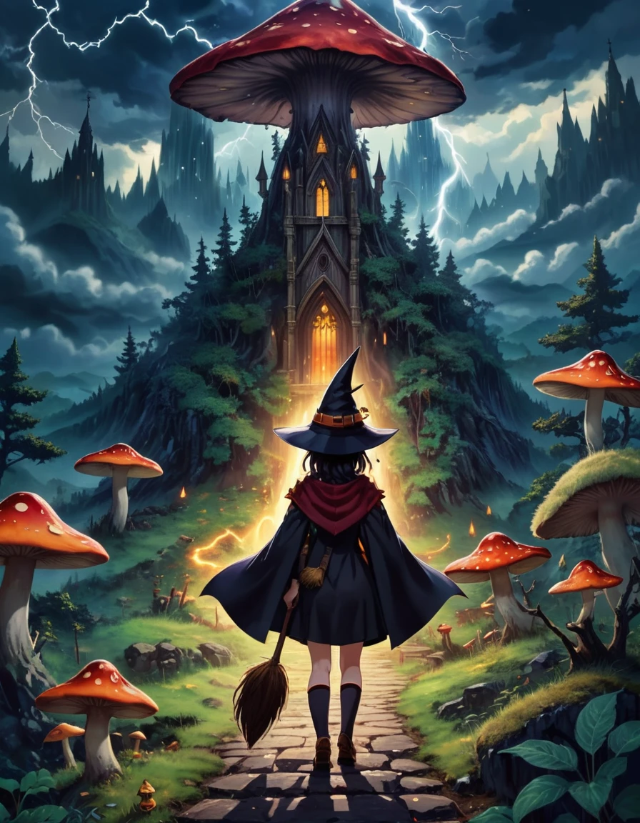 Strategy game style 1girl megumin, Witch Hat, cape, staff, From the back, Back to , 
Mushroom Forest Art Deco Cathedral Outside, Thunderstorm Witch Sky Quiet ZIP2D . Top view, Detailed Map, unit, Reminiscent of real-time strategy games