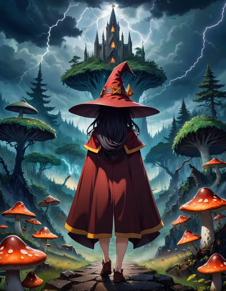 Strategy game style 1girl megumin, Witch Hat, cape, staff, From the back, Back to , 
Mushroom Forest Art Deco Cathedral Outside, Thunderstorm Witch Sky Quiet ZIP2D . Top view, Detailed Map, unit, Reminiscent of real-time strategy games