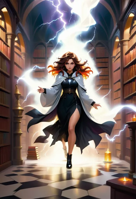 a masterwork picture of a sorceress casting a spell in magical library, exquisite beautiful woman, dynamic hair color, dynamic h...