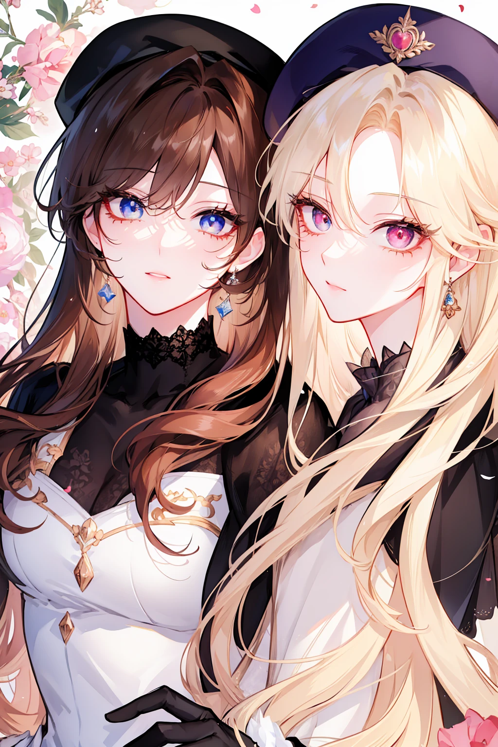 (Shoujo style), floral background, Romance Manhwa, manhwa landscape, (mature women aligned), shiny gloves and black beret, glamorous proportion, brown curry hair, (beautiful eyes), (detailed students), perfect face, Focus on face, (shoulder straps), salute
, Shiny skin, mascara, long eyelashes, Perfect eyes, (Focus on face),